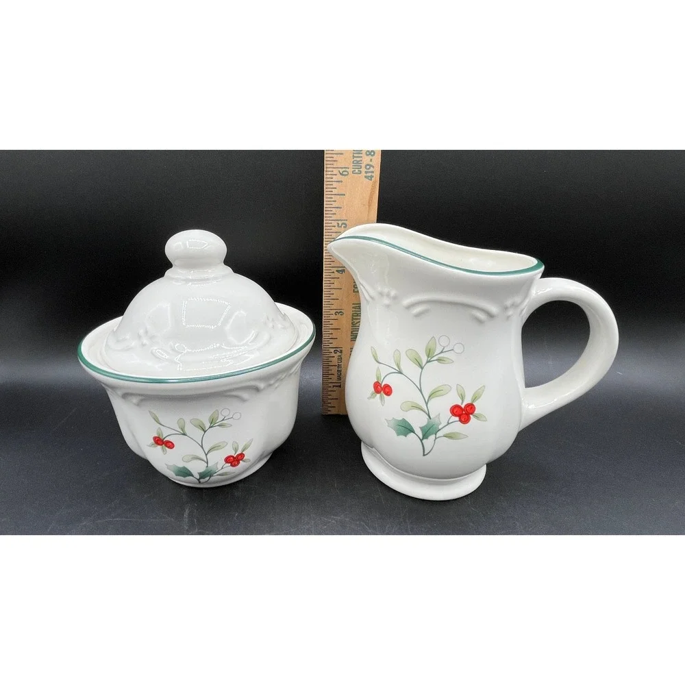 Pfaltzgraff Winterberry Cream and Sugar Set White Stoneware Holly Berry Holiday